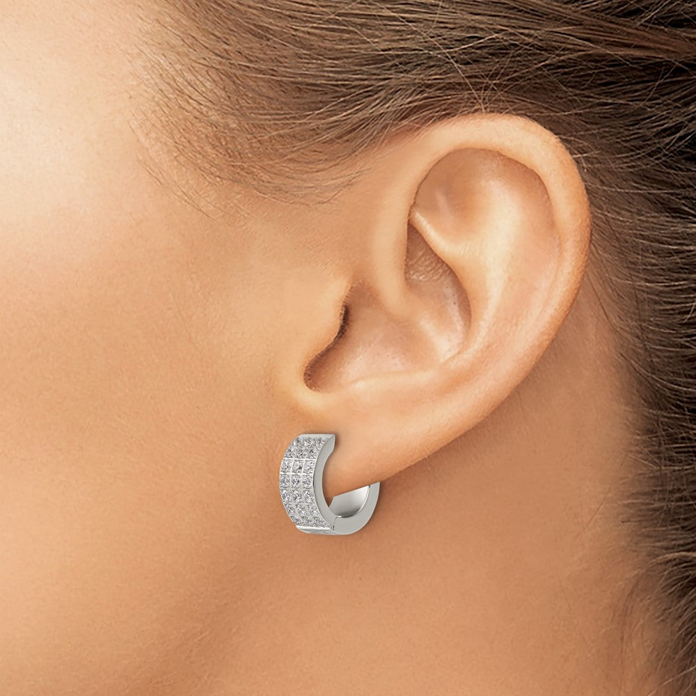 Stainless Steel Polished with 3 Rows of CZ 2.4mm Hinged Hoop Earrings