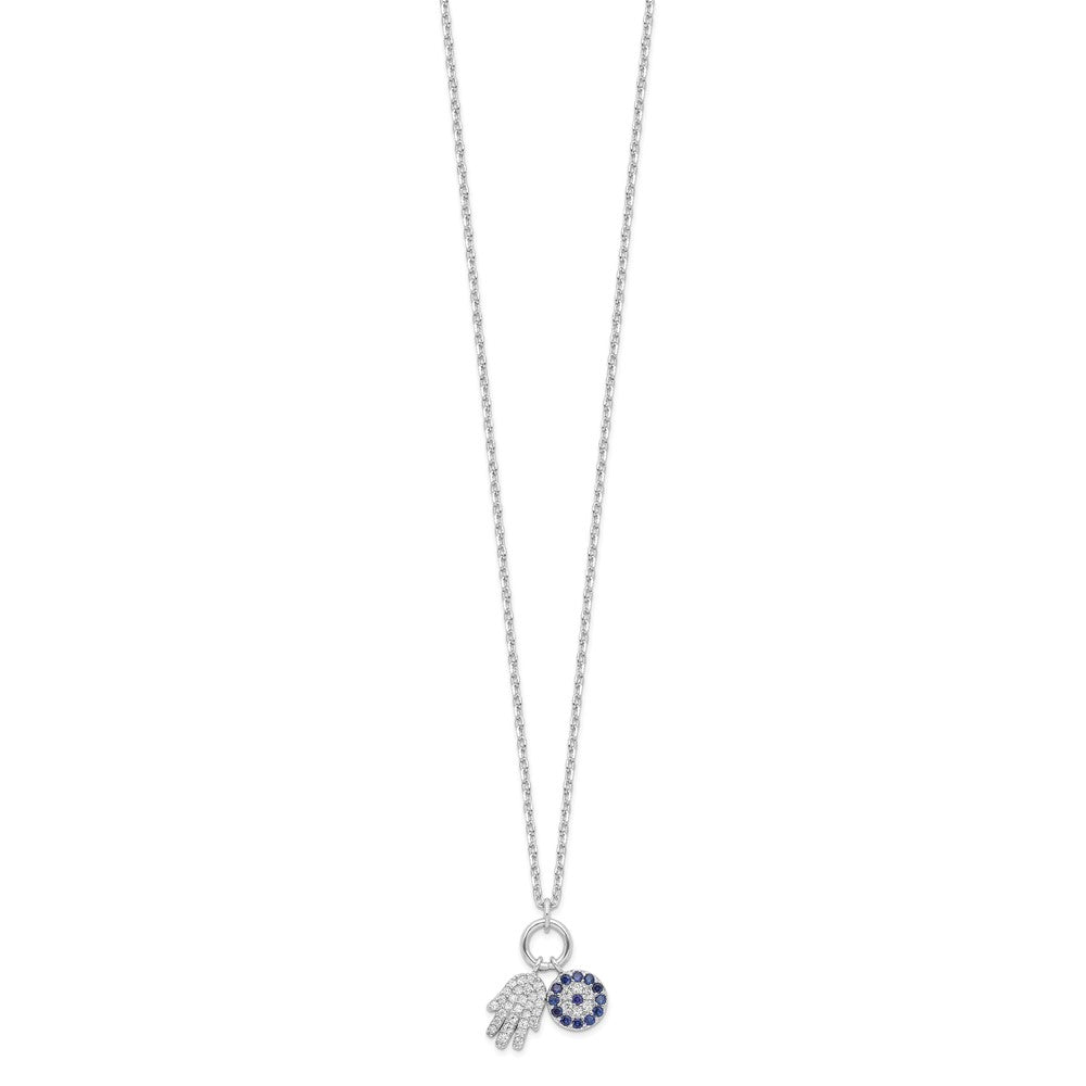Sterling Silver Rhod-plated CZ Eye and Hamsa Charm Necklace 17 Inches