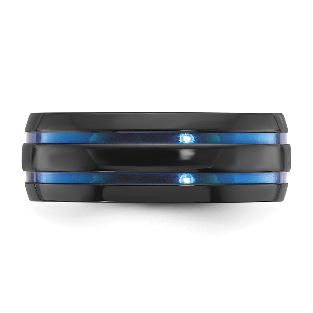 Chisel Black Zirconium Polished with Blue IP-plated Stripes 8mm Band Size - 8.5