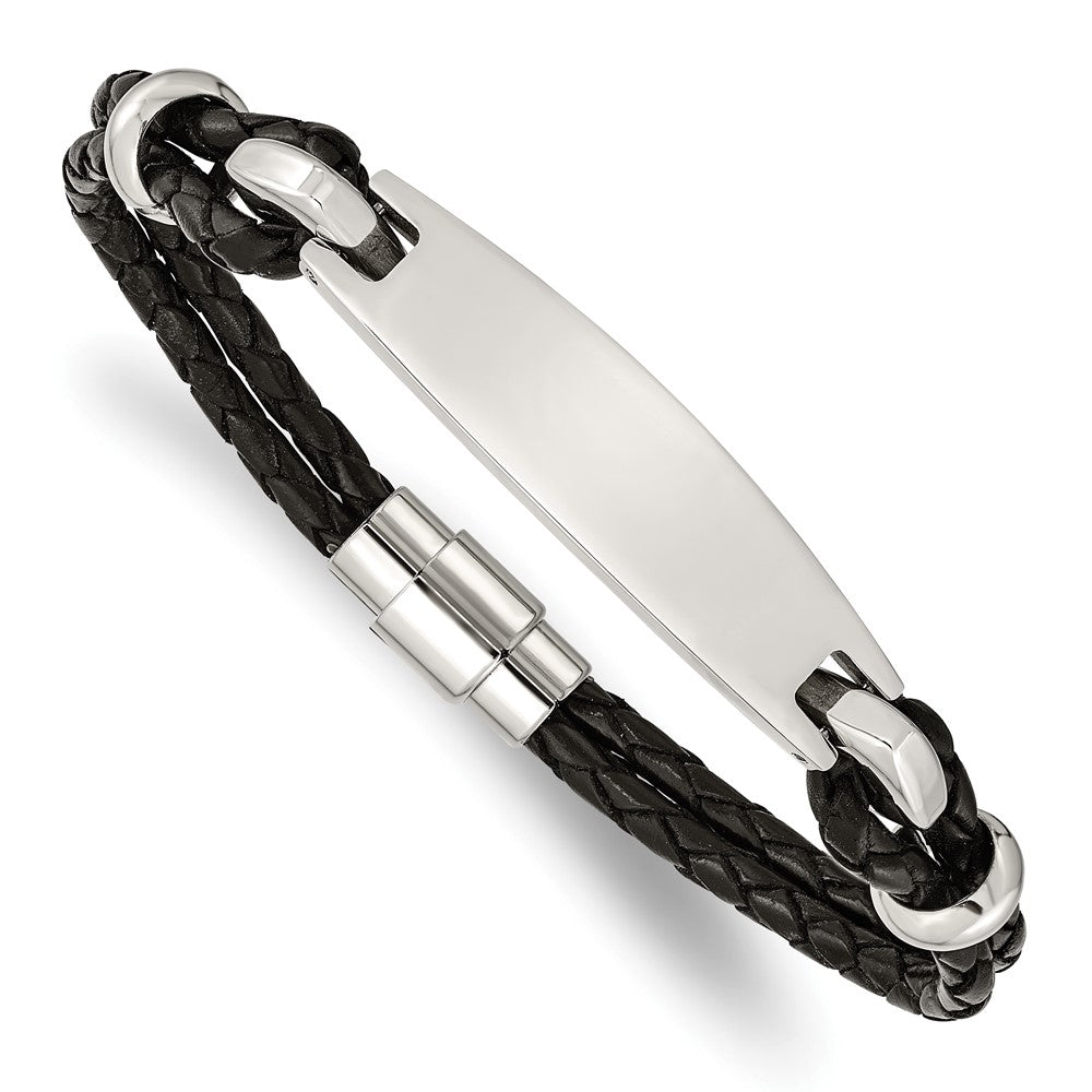 Stainless Steel Polished Black Woven Leather 8.5in ID Bracelet 8.5 inches