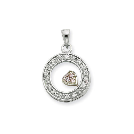 Sterling Silver CZ Circle with Pink CZ Heart Pendant