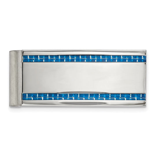 Chisel  Stainless Steel Polished Blue Carbon Fiber Inlay Money Clip
