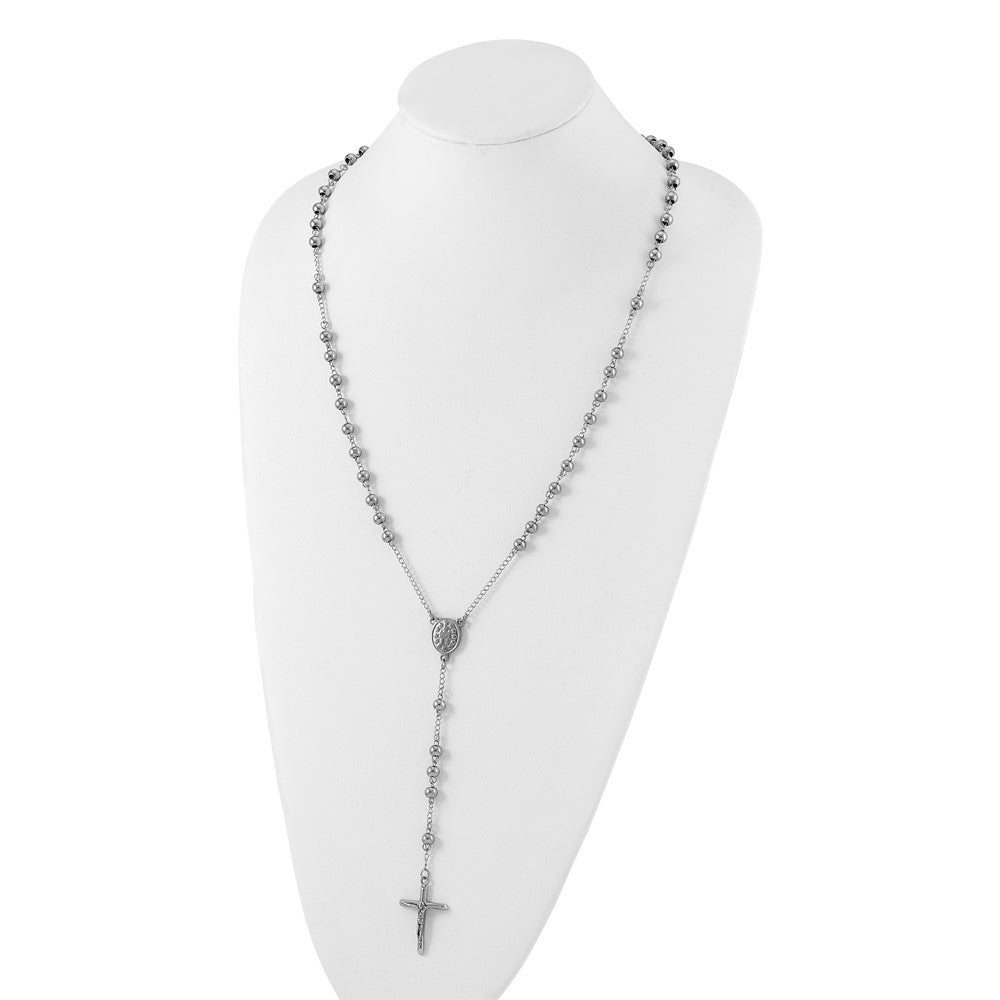 Stainless Steel Polished 6mm Beaded Rosary 29.5 inch Necklace