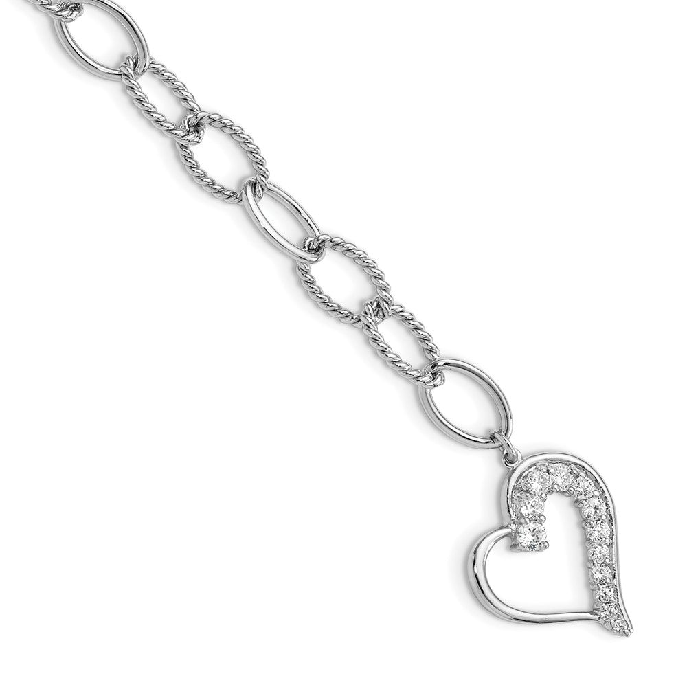 Sterling Silver Rhodium Plated Journey Heart CZ Dangle Bracelet 7.5 inches