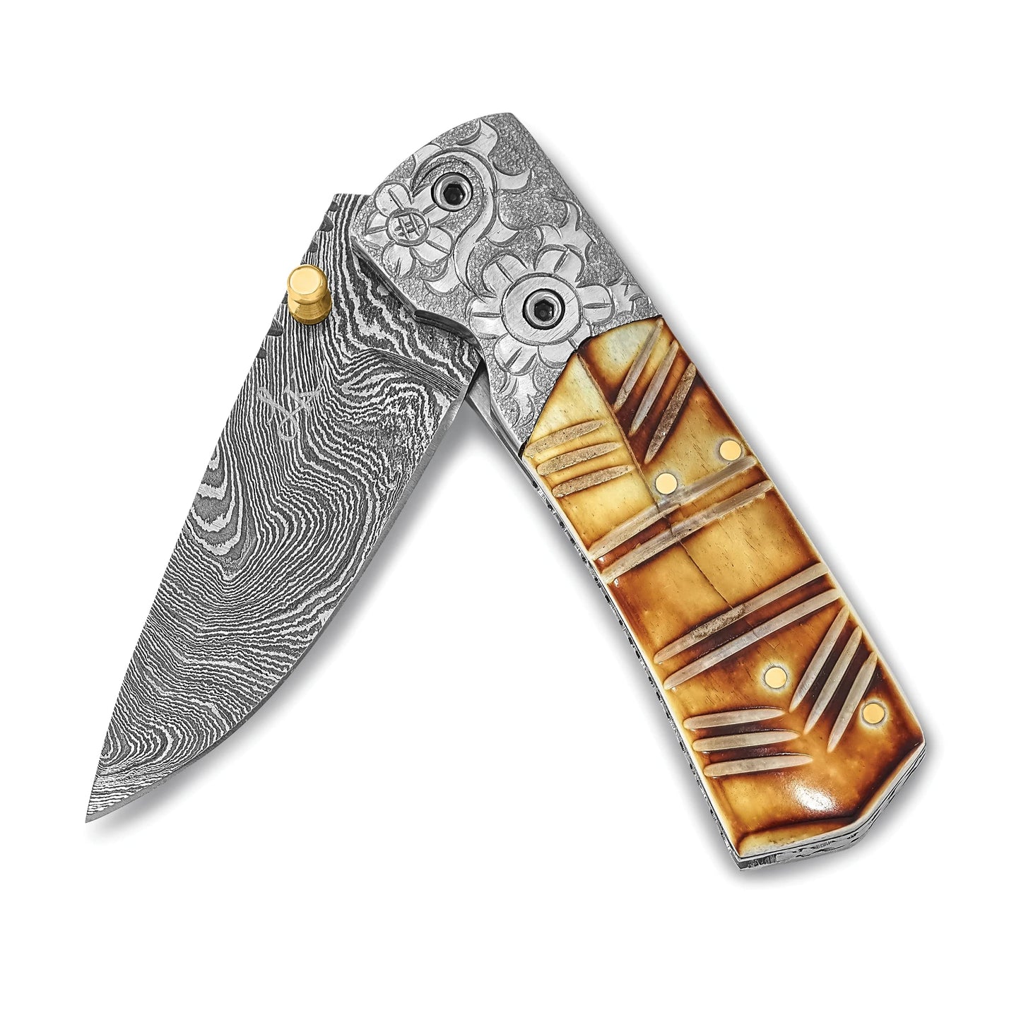 Luxury Giftware Damascus Steel 256 Layer Folding Dyed and Carved Camel Bone Handle Knife with Leather Sheath and Wooden Gift Box QKN3221