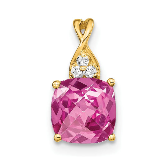 14k Checkerboard Created Pink Sapphire and Diamond Pendant