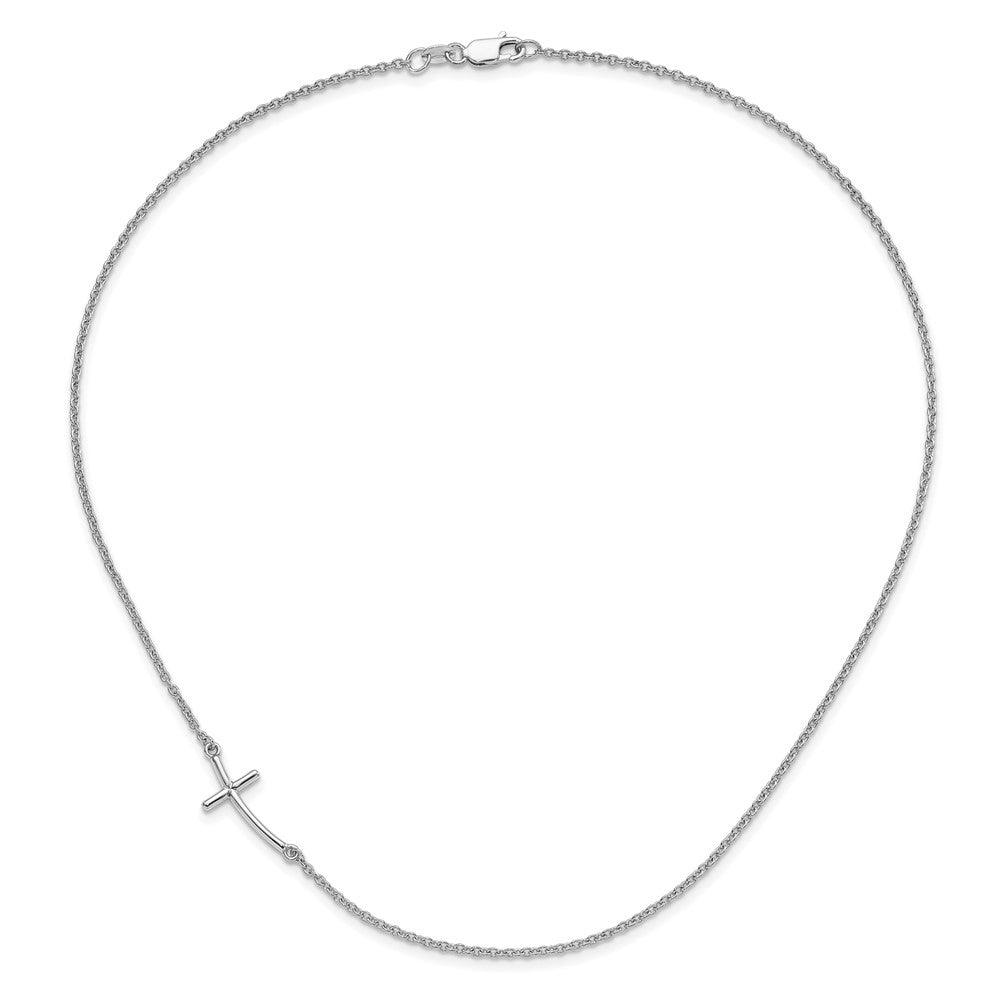 Sterling Silver Rh-plated Large Off-Set Sideways Curved Cross Necklace 19 Inches