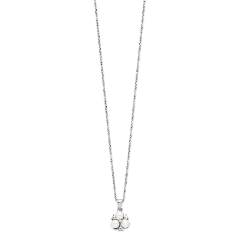 Sterling Silver Rhodium-plated 5-6mm White Button Freshwater Cultured 3-Pearl and CZ 17 inch Necklace 17 Inches