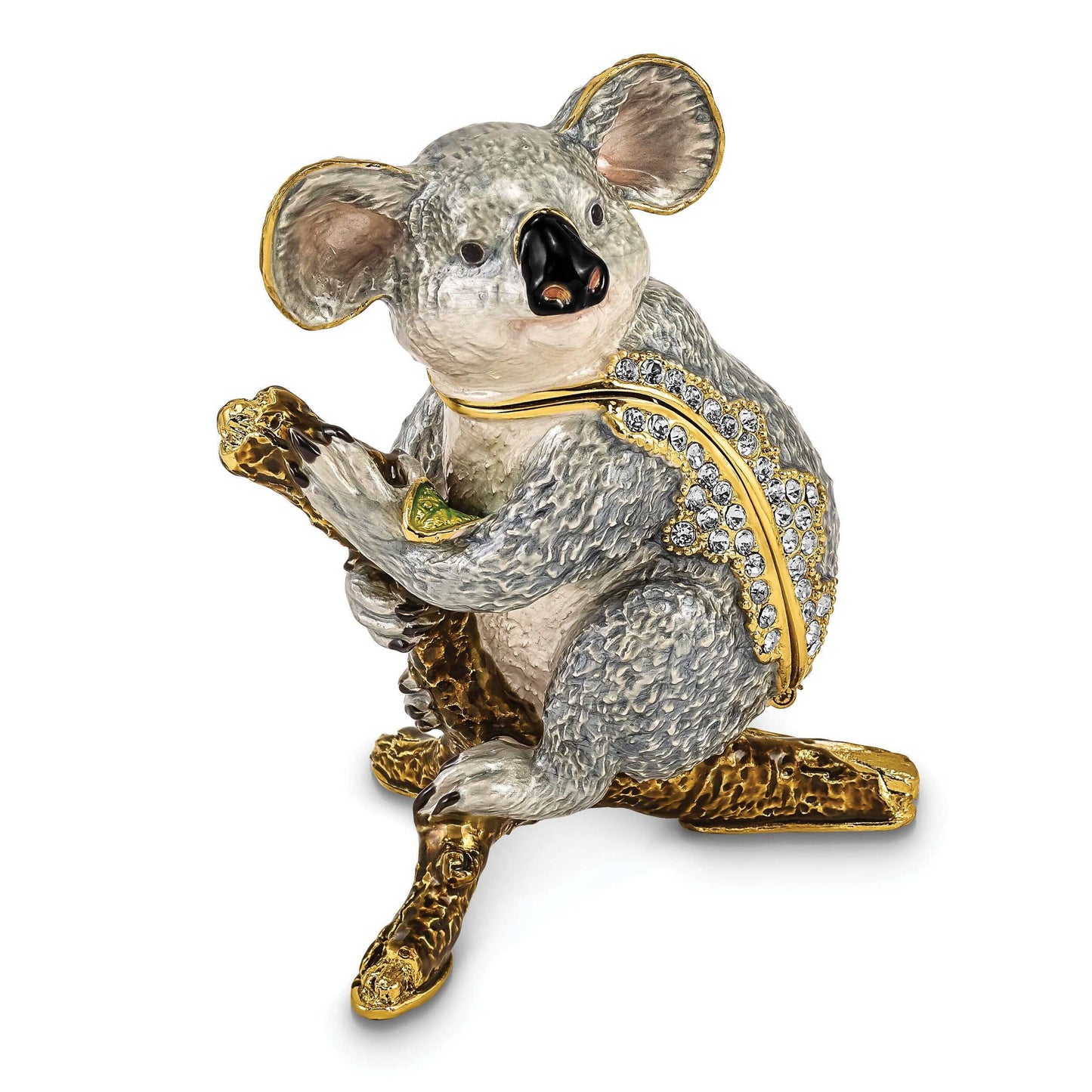 Luxury Giftware by Jere Pewter Bejeweled Crystals Gold-tone Enameled KYLE Koala Trinket Box with Matching 18 Inch Necklace QBJ4056