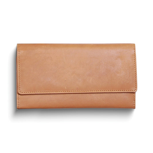 Tan Leather Flap Over Clutch 12-Slot Wallet with ID Window and 2 Zip Pockets