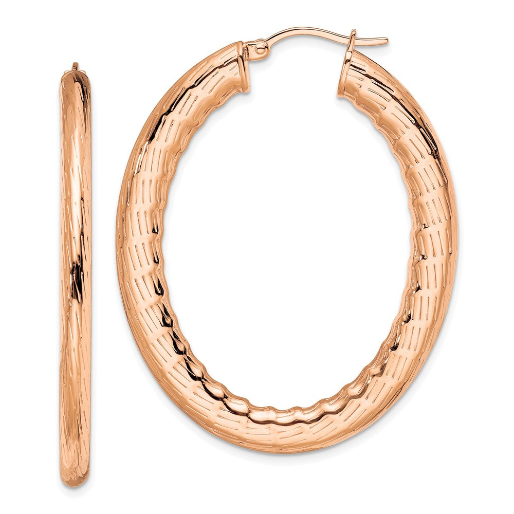 Stainless Steel Polished & Textured Rose IP Hollow Oval Hoop Earrings