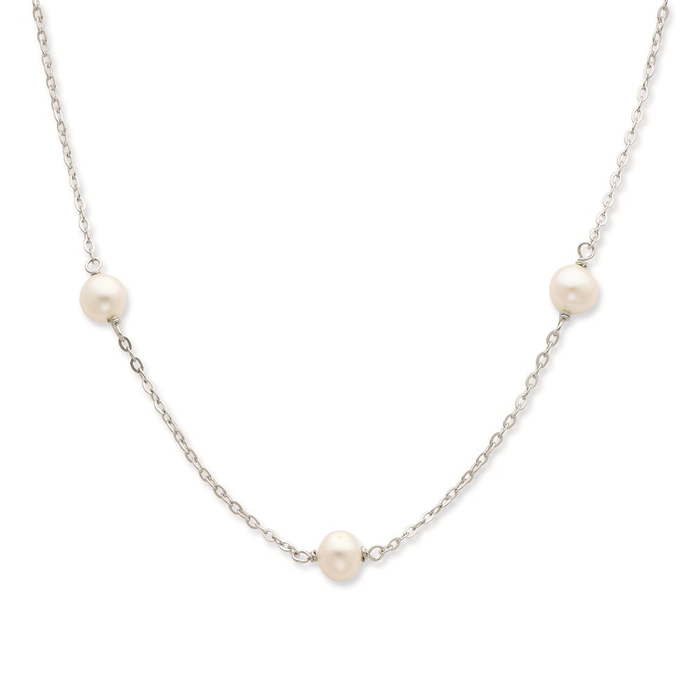 Sterling Silver Rhodium-plated 7-8mm White Near-Round Freshwater Cultured Pearl 7-Station 17 inch with 2 inch Extension Necklace 17 Inches