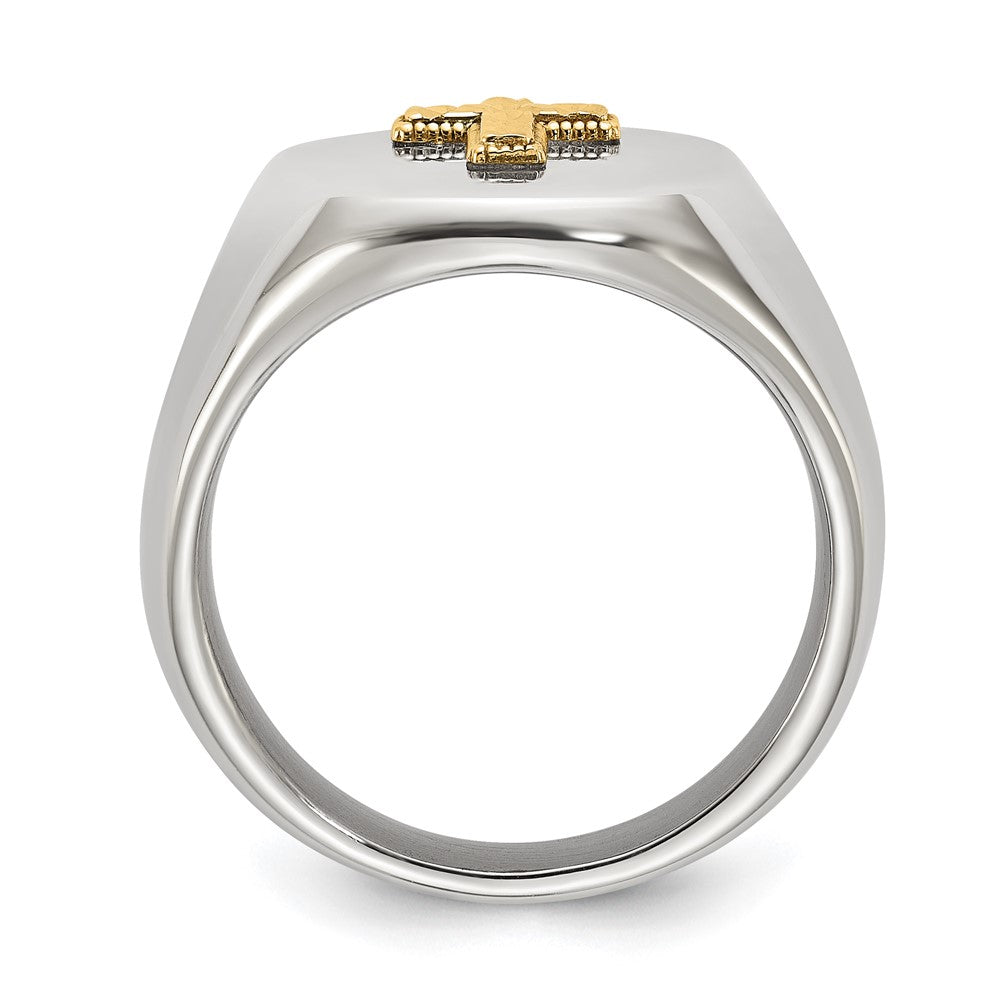 Chisel Stainless Steel Polished with Diamond-cut 14K Gold Accent Cross Oval Signet Ring Size - 11