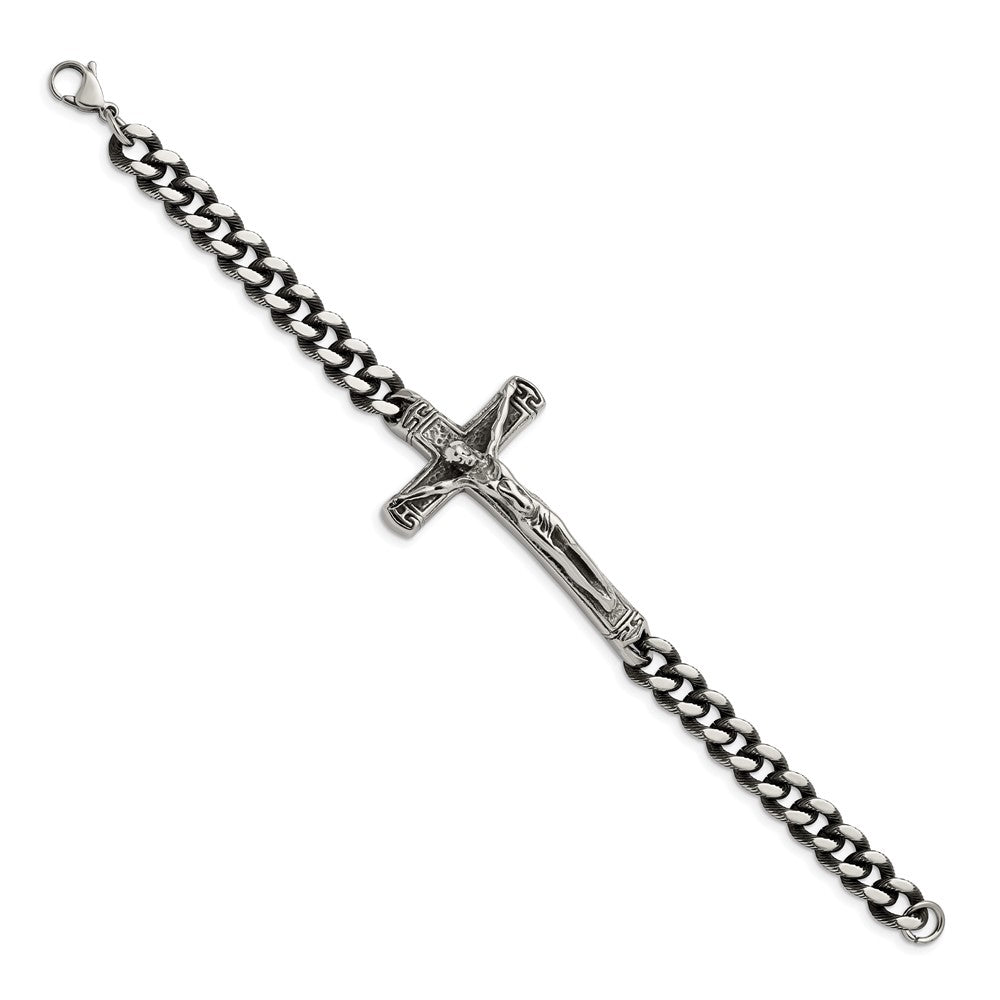 Stainless Steel Antiqued and Polished Crucifix 8.75in Bracelet 8.75 inches