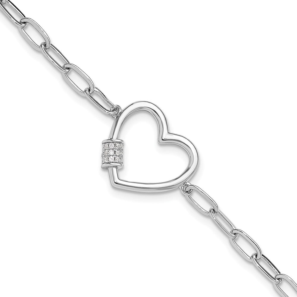 Sterling Silver Rhodium-plated with CZ Heart Paperclip Link 7.5in Bracelet 7.5 inches