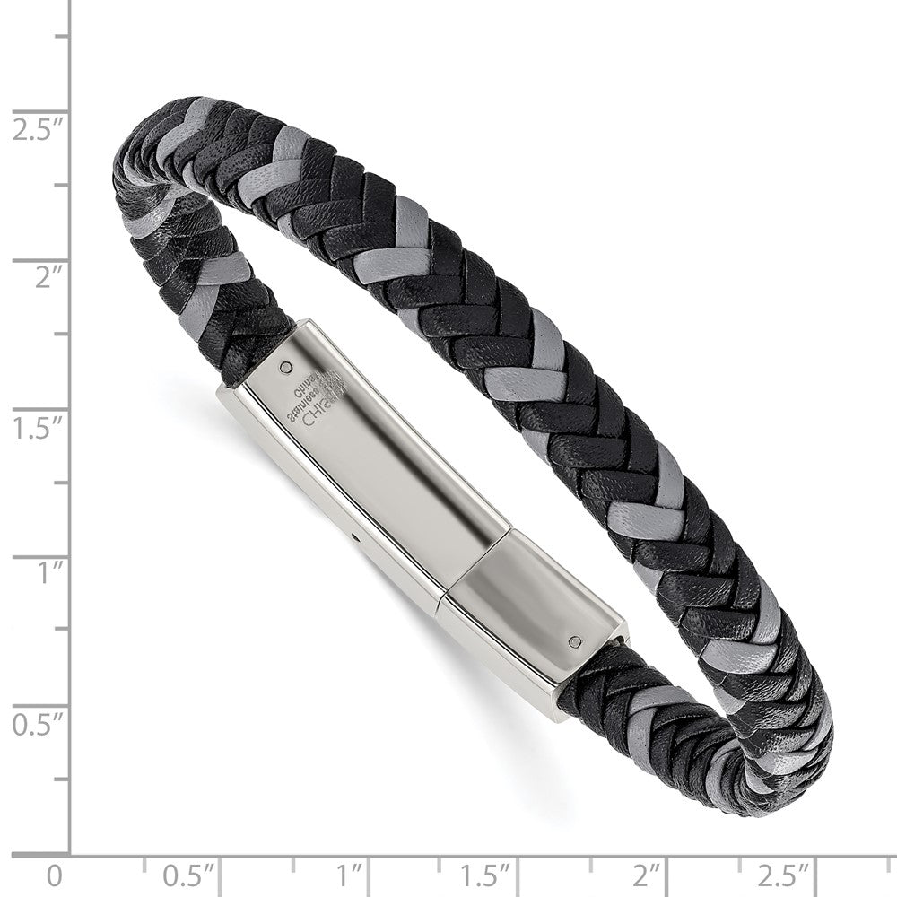 Stainless Steel Polished Black and Grey Braided Leather 8in Bracelet 8 inches