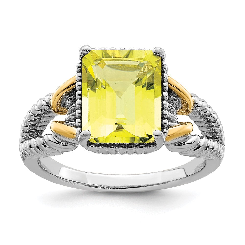 Sterling Silver Rhodium w/ Flash Gold-plate Lemon Quartz Octagonal Ring