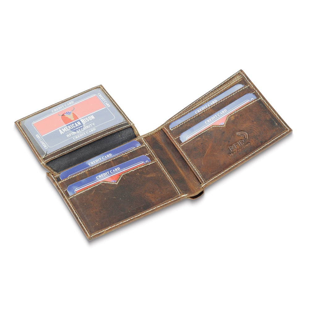 Brown Oiled Leather RFID Blocking Pass Case Top Flap 9-Slot Bifold Wallet with ID Window