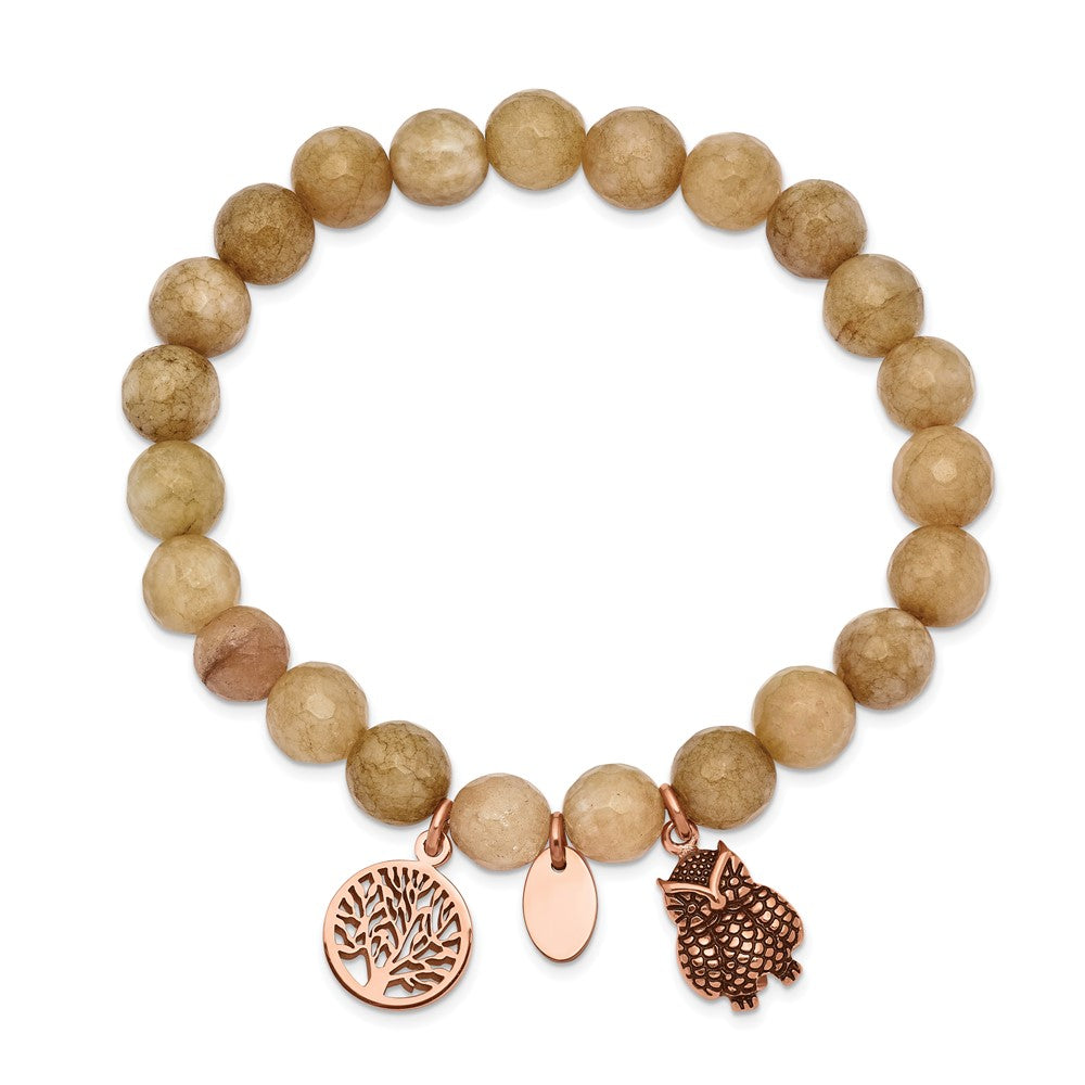 Stainless Steel Antiqued & Polished Rose IP Owl Taupe Dyed Jade Bracelet 6.5 inches