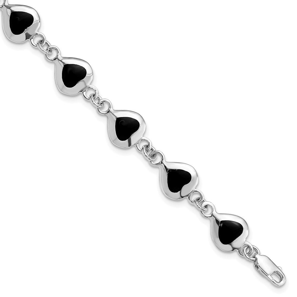 Sterling Silver Rhodium-plated 7inch Fancy Polished Heart Onyx Bracelet 7 inches