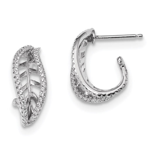 Sterling Silver Rhodium-plated CZ J-Hoop Leaf Post Earrings