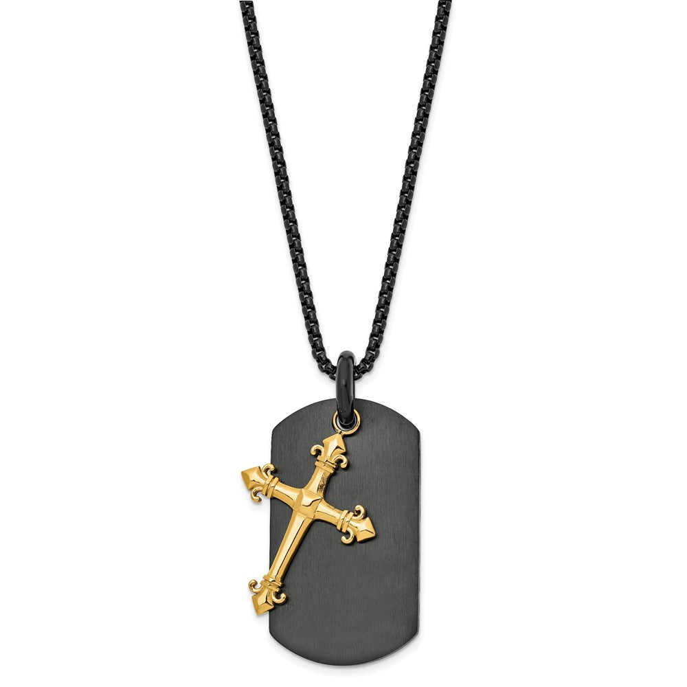 Stainless Steel Polished Black and Yellow IP Cross Dog Tag 24.75in Necklace