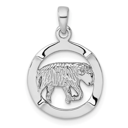 Sterling Silver Rhodium-plated Polished Reversible Aries Ram in Circle Zodiac Pendant