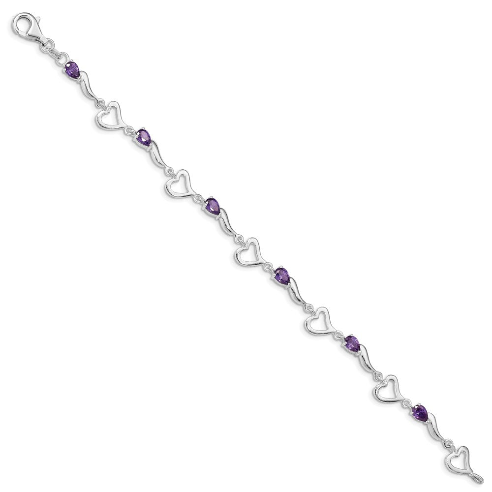 Sterling Silver Rhodium-plated Amethyst Polished Fancy Heart Bracelet 7 inches
