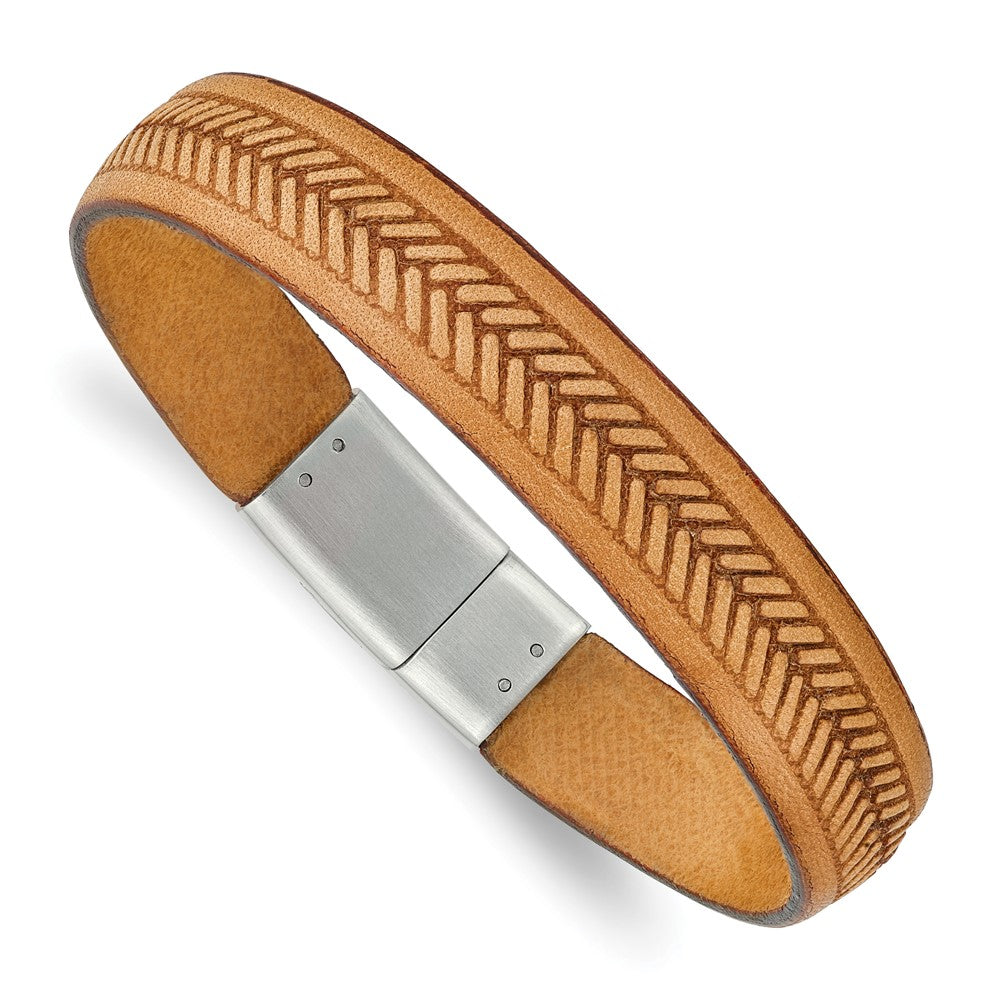 Stainless Steel Polished Tan Italian Leather 8.75in Bracelet 8.75 inches