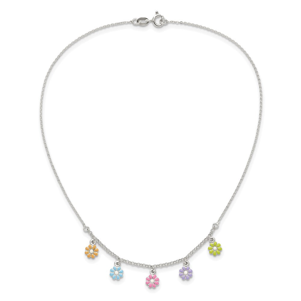 Sterling Silver Polished Multi-color Enameled Flowers Children's Necklace 14 Inches