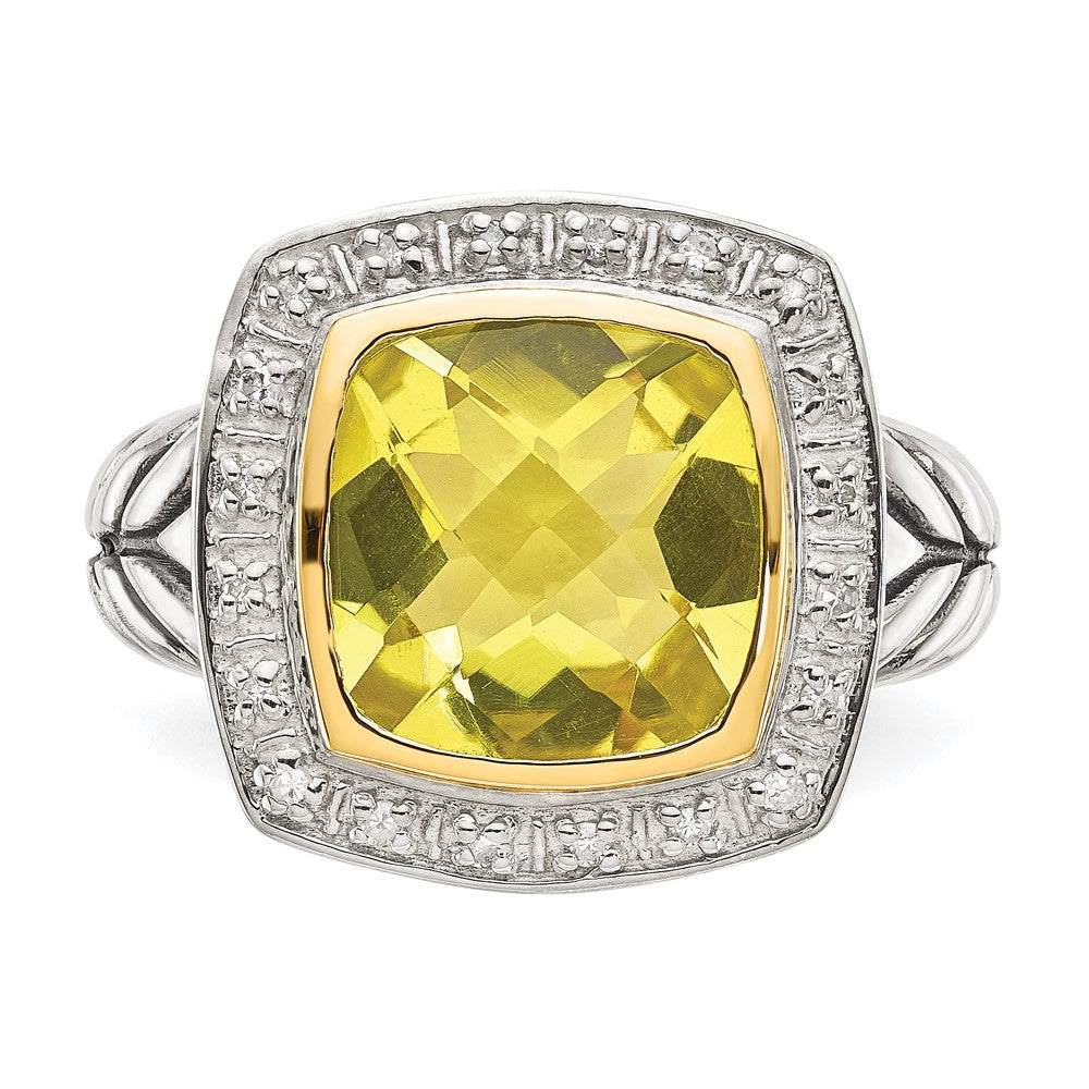 Shey Couture Sterling Silver with 14K Accent Antiqued Cushion Bezel Lemon Quartz and Diamond Ring