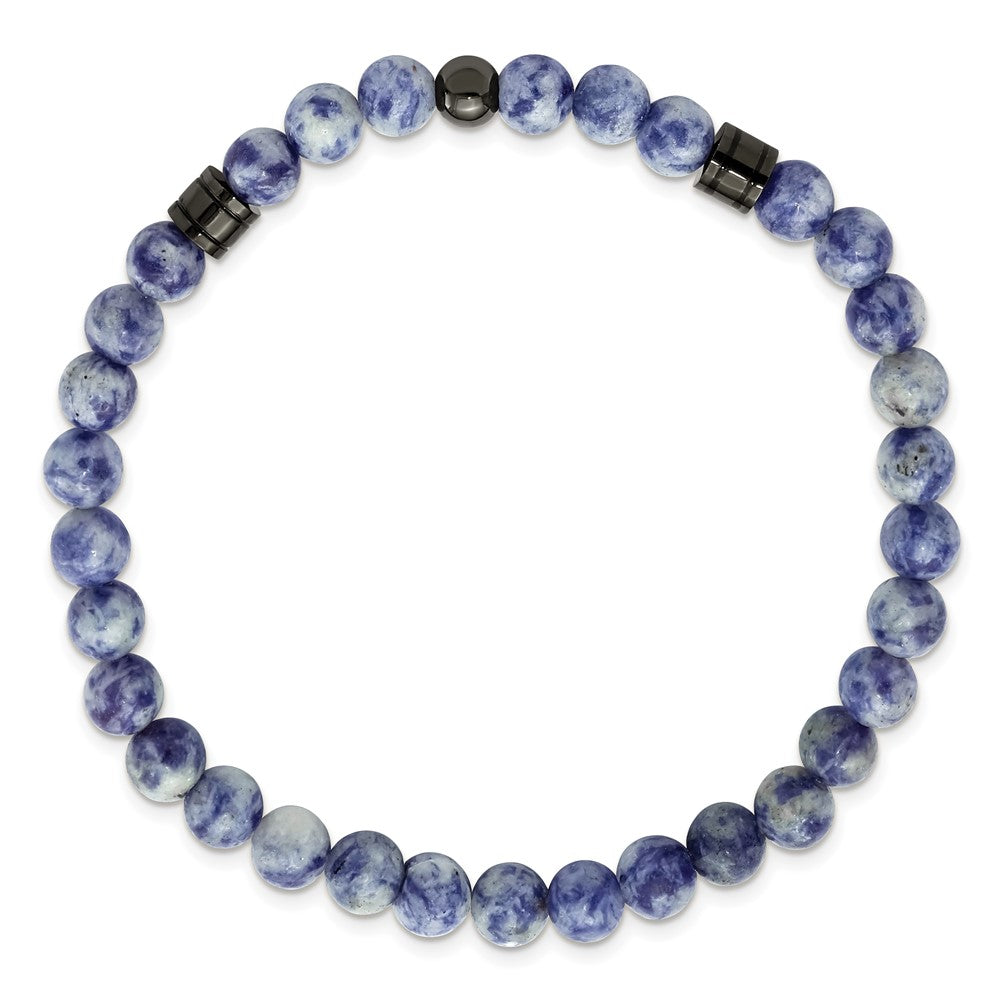 Stainless Steel Polished Gun Metal IP and Lapis Beaded Stretch Bracelet