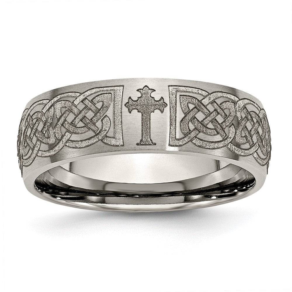 Titanium Brushed Celtic Cross Laser Design 8mm Band Size - 12.5