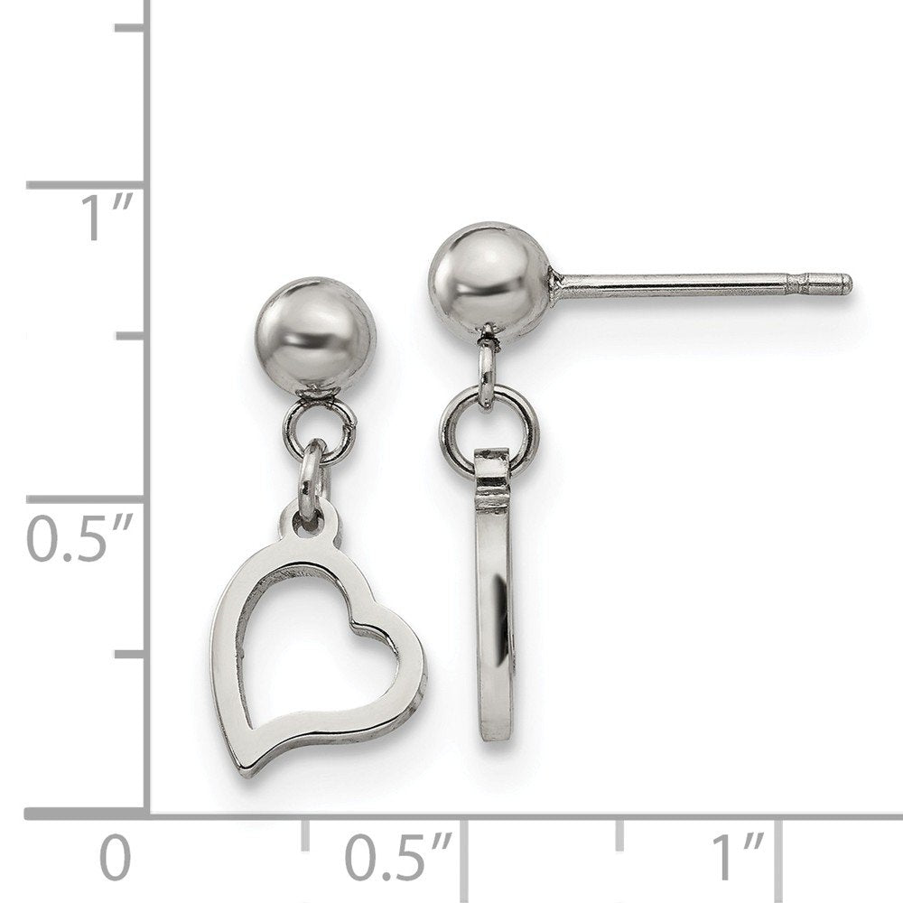 Stainless Steel Polished 5mm Ball Post Heart Dangle Earrings