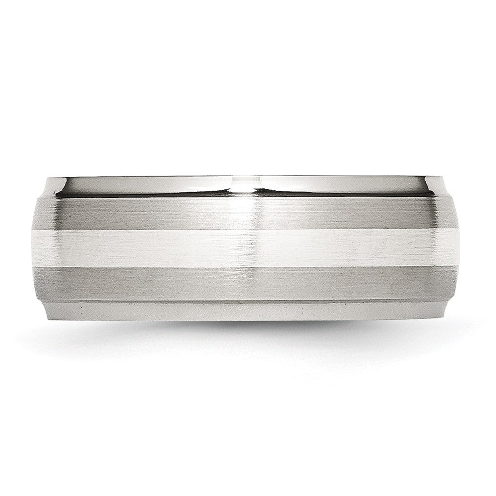 Stainless Steel Sterling Silver Inlay Brushed/Polished 8mm Ridged Edge Band Size - 14