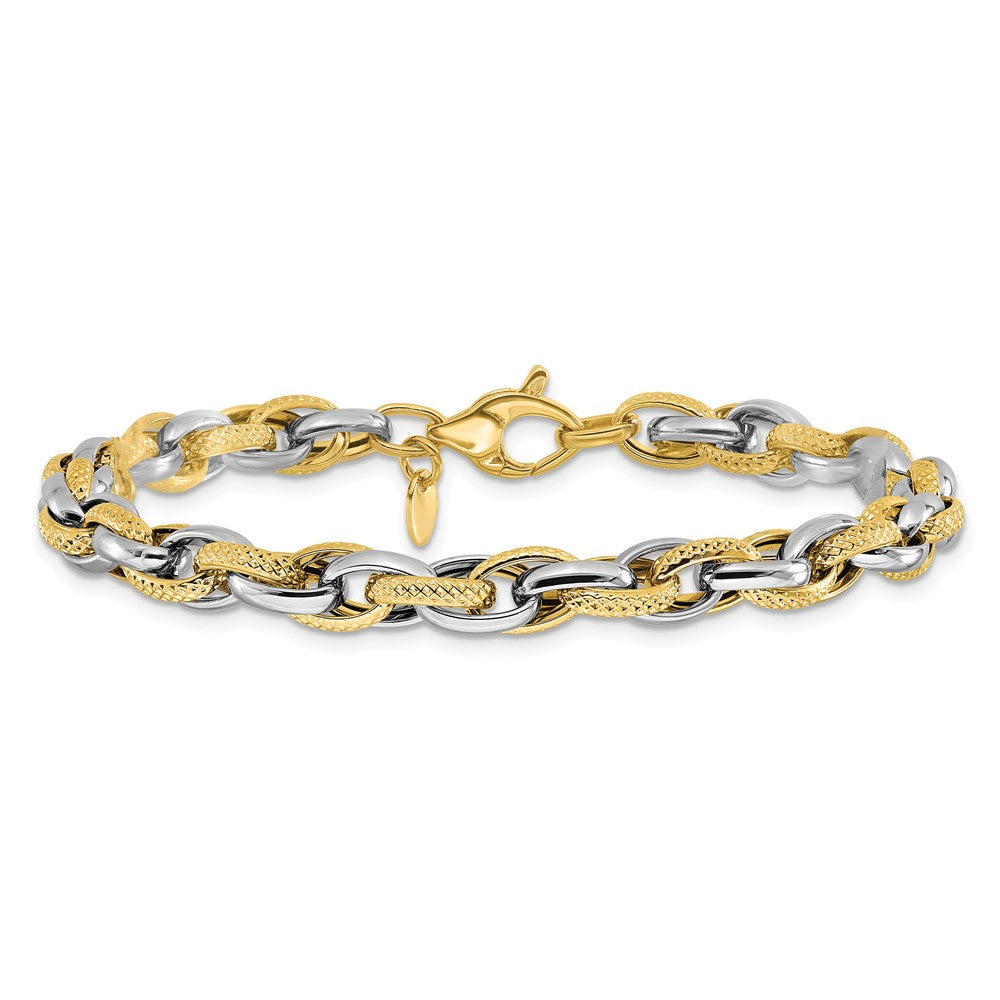 14K Two-tone Polished and Textured Fancy Link Bracelet 7.5  inches