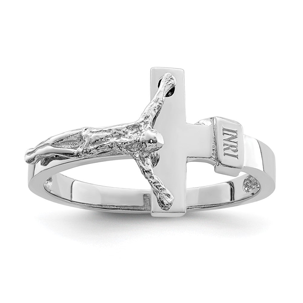 14K White Polished INRI Crucifix Ring Size 7