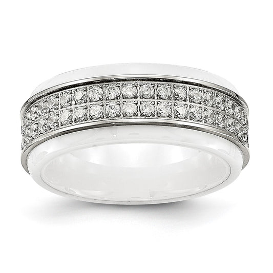 Stainless Steel Polished White Ceramic CZ Ridged edge Ring Size - 6
