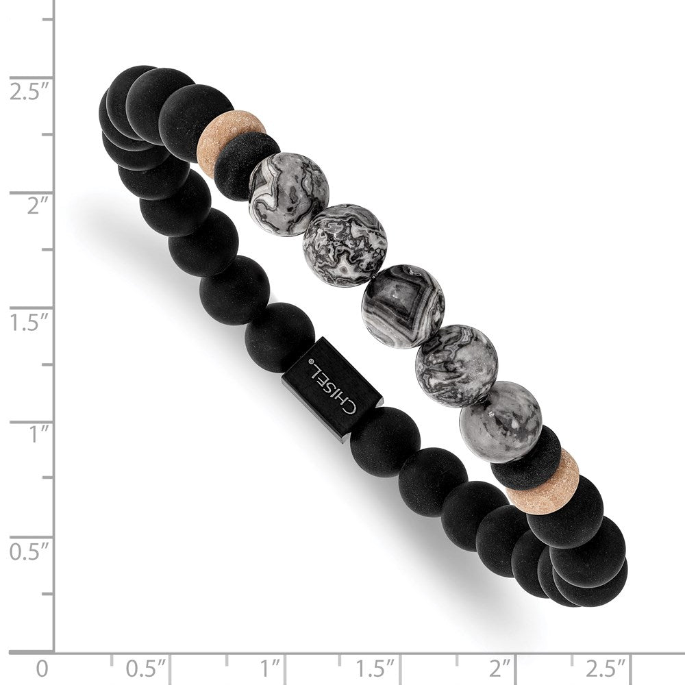 Stainless Steel Brushed Black IP Black Agate/Grey Jasper Stretch Bracelet 7.25 inches