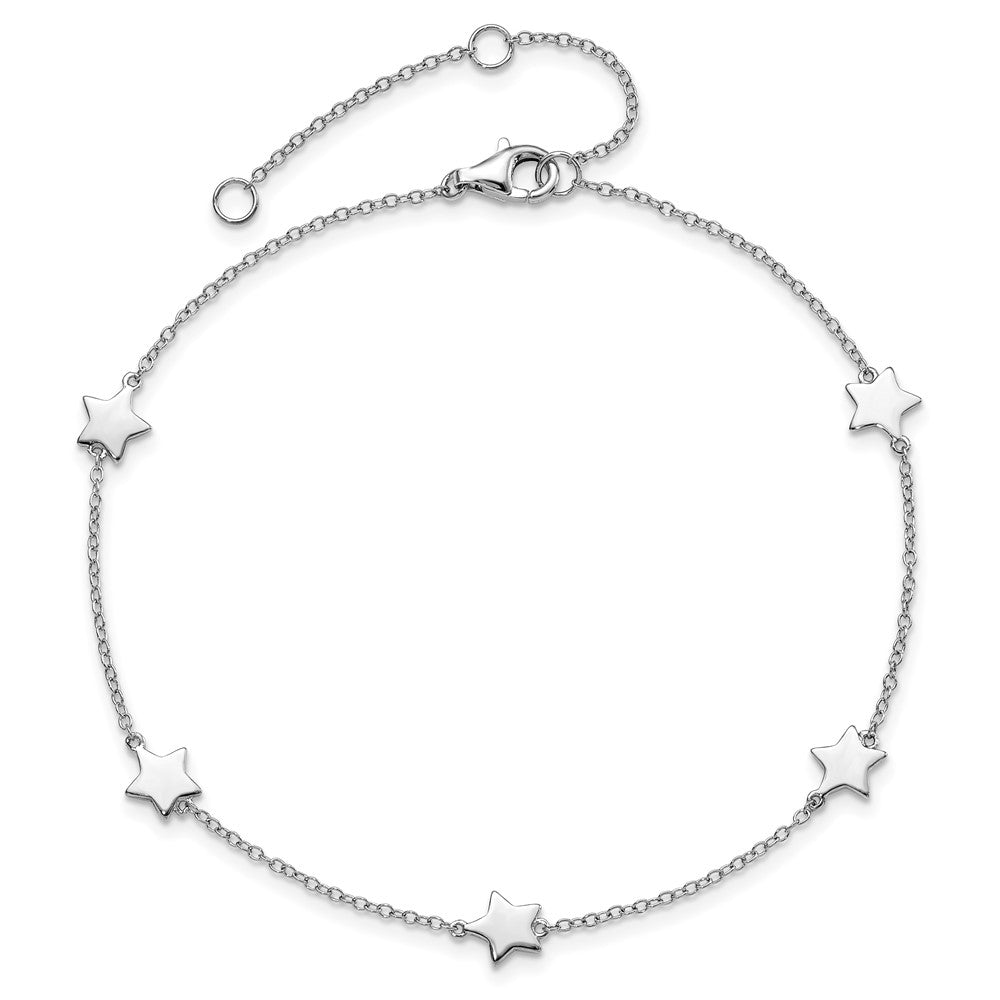 Sterling Silver Rhodium-Plated Stationed Star with 2in Ext. Anklet 8.5 inches