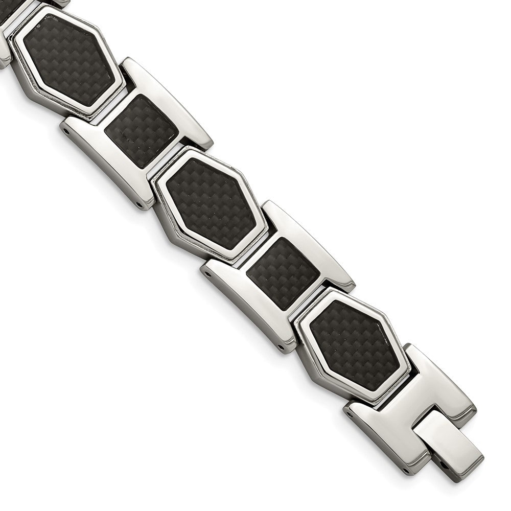 Stainless Steel Polished with Black Carbon Fiber Inlay 8.75in Bracelet 8.75 inches