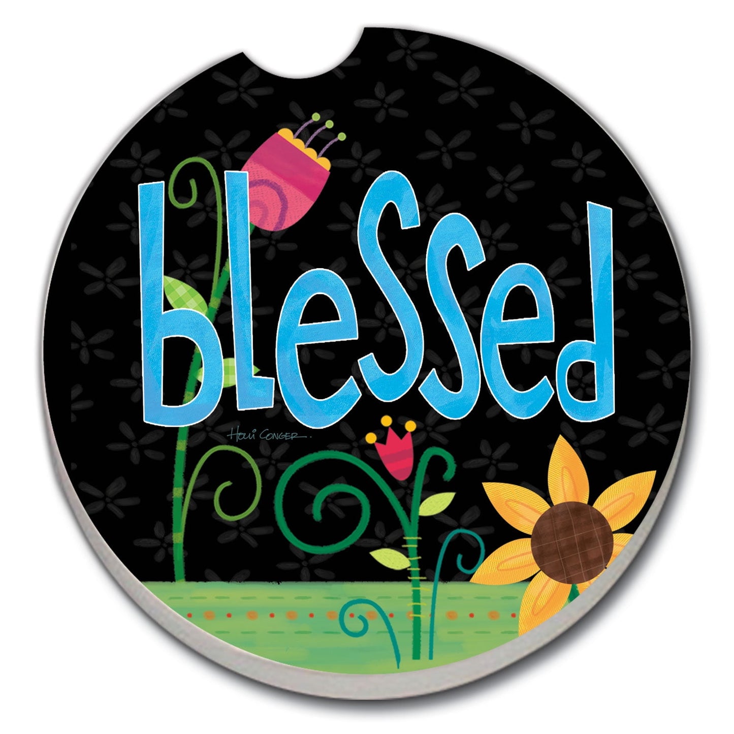 CounterArt "Blessed Floral" 1 Pack Absorbent Stone Coaster for Vehicle Cup Holder 2.6” Diameter