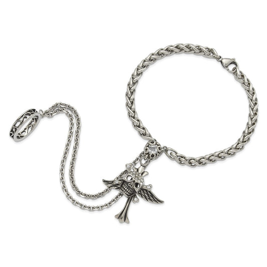 Stainless Steel Antiqued & Polished Winged Skull Cross Crystal Connect Bracelet & Ring