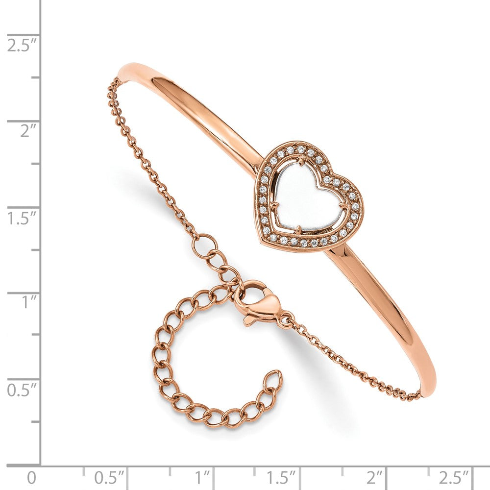 Stainless Steel Polished Rose IP White Enamel CZ Heart w/2in ext. Bracelet 6.5 inches