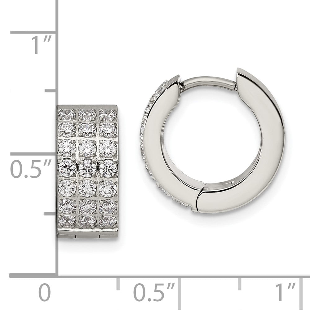 Stainless Steel Polished with 3 Rows of CZ 2.4mm Hinged Hoop Earrings