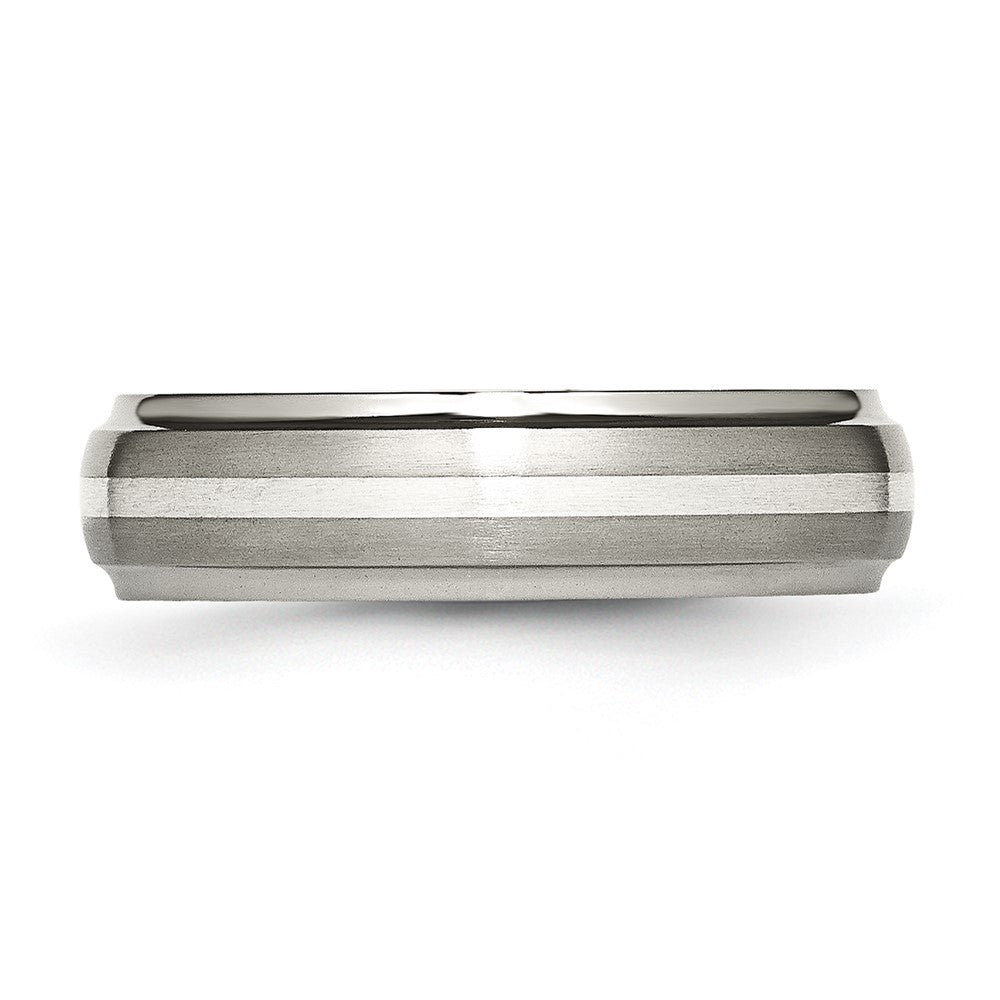Titanium Brushed Center w/Sterling Silver Inlay 6mm Ridged Edge Band Size - 11