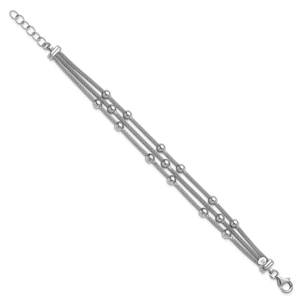 SS RH-plated Polished 3-strand Bead w/1in ext. Bracelet 8.5  inches
