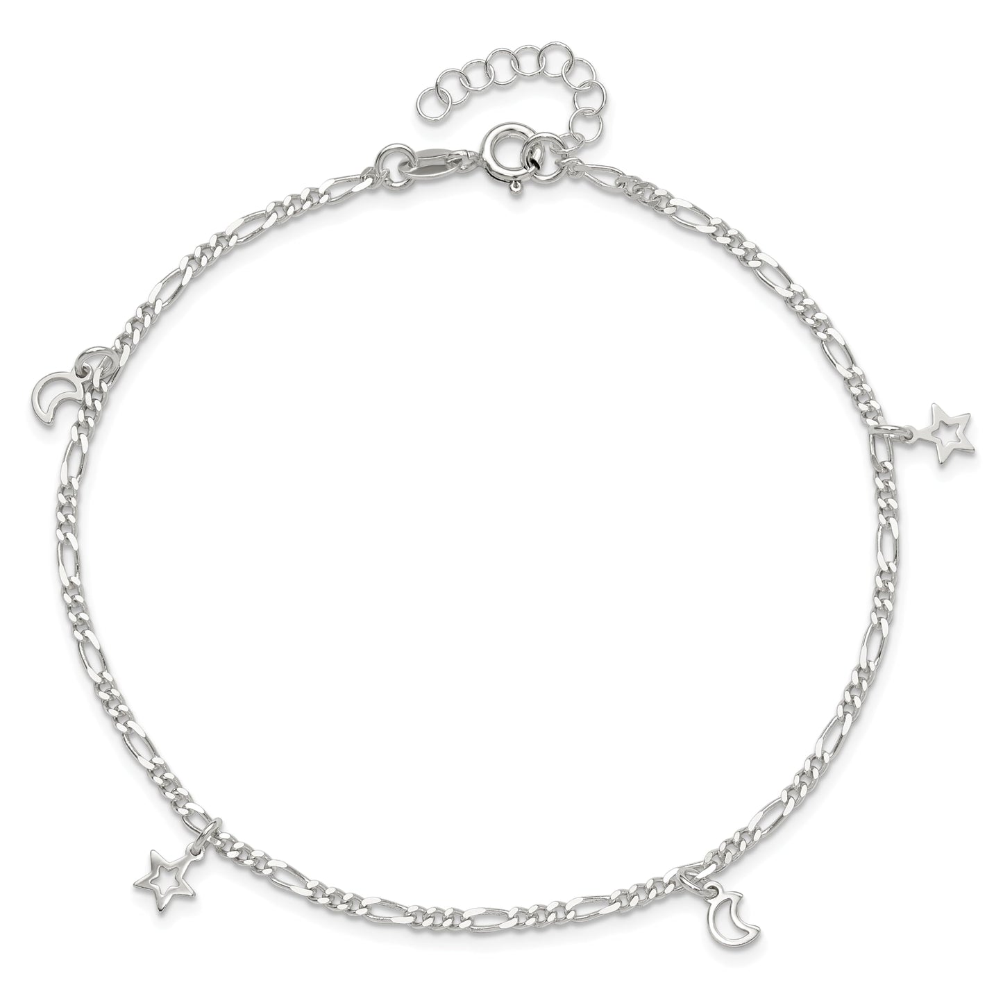 Sterling Silver Polished Star and Moon 9in Plus 1in Ext. Anklet 9 inches