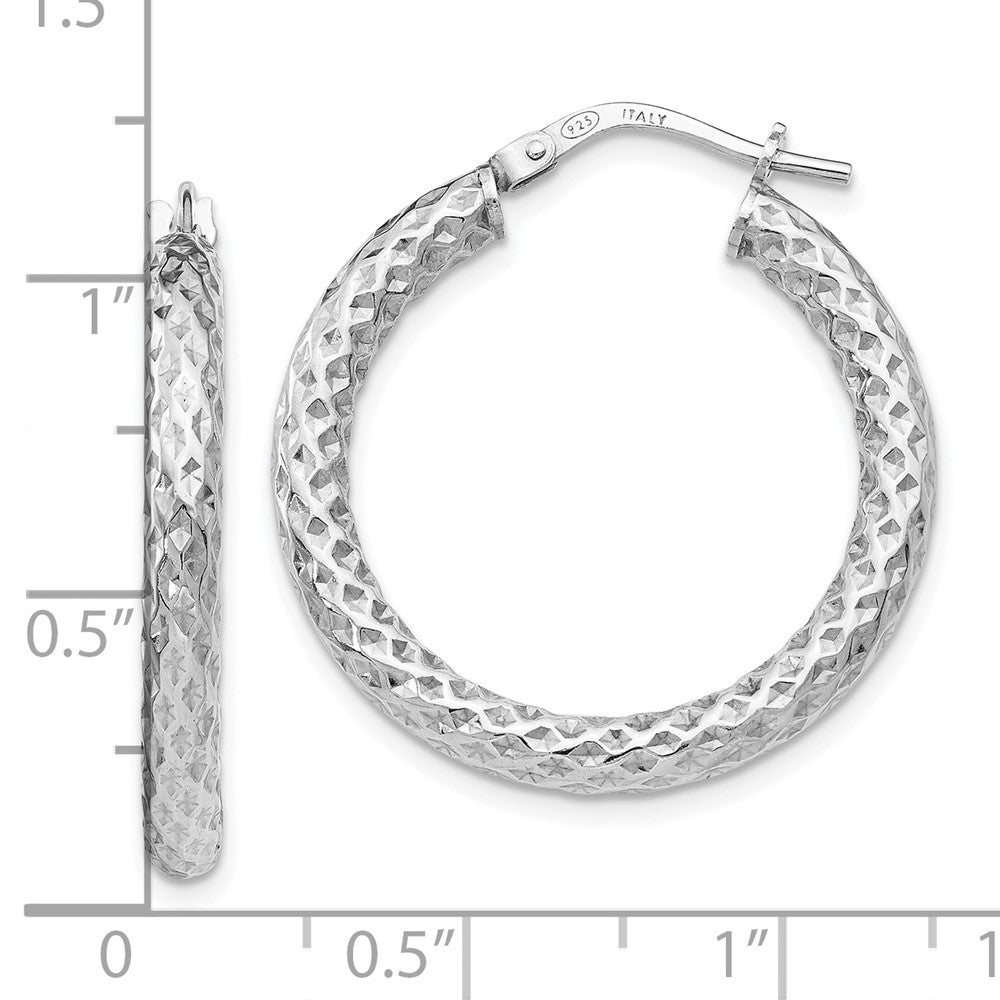 Sterling Silver RH-plt Polished & Textured Hinged Hoop Earrings