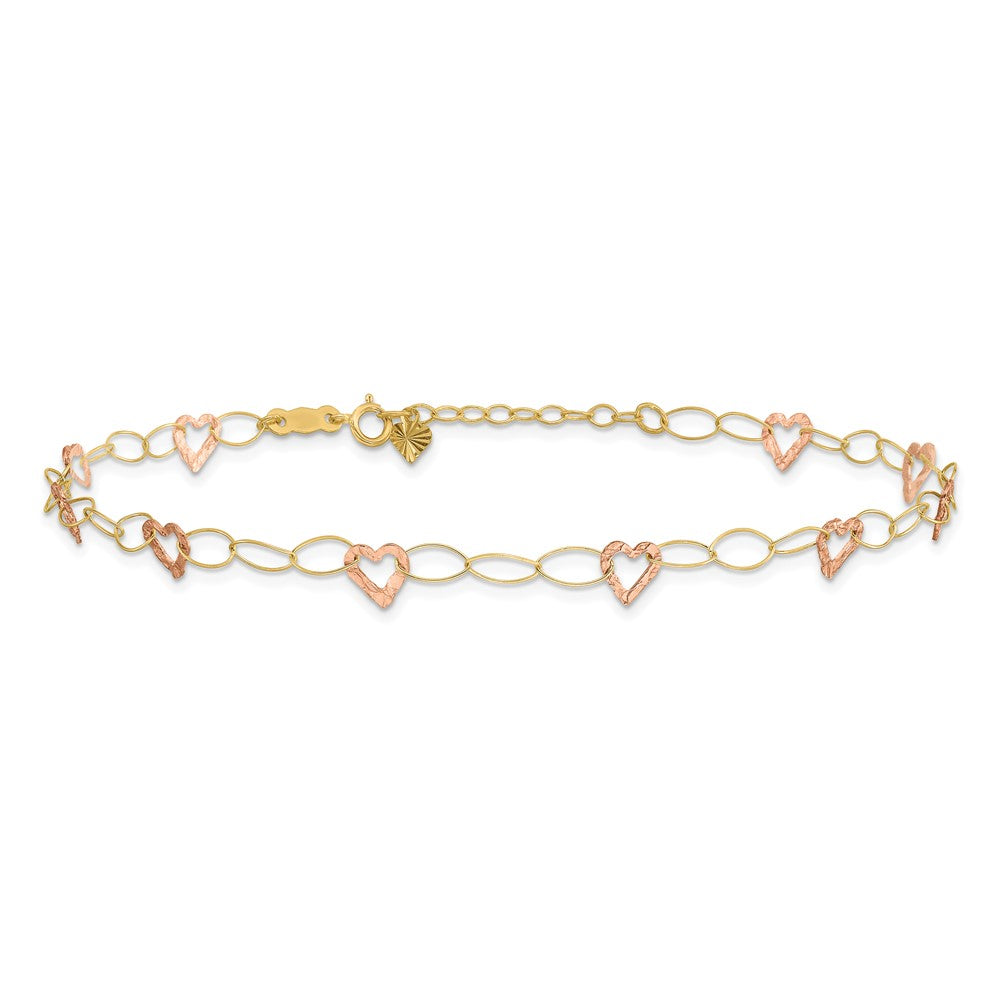 14k Two-tone Adjustable Heart 9in Plus 1in extension Anklet 9 inches